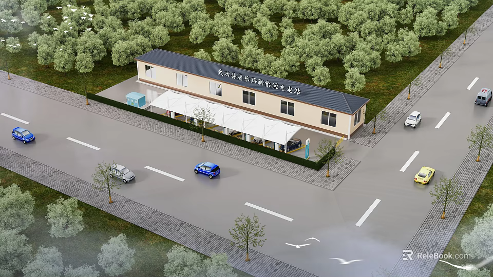 Electric Vehicle Charging Station Building With Roadside Trees And Vehicles 3d model 