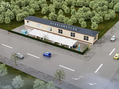 Electric Vehicle Charging Station Building With Roadside Trees And Vehicles 3d model