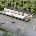 Electric Vehicle Charging Station Building With Roadside Trees And Vehicles
