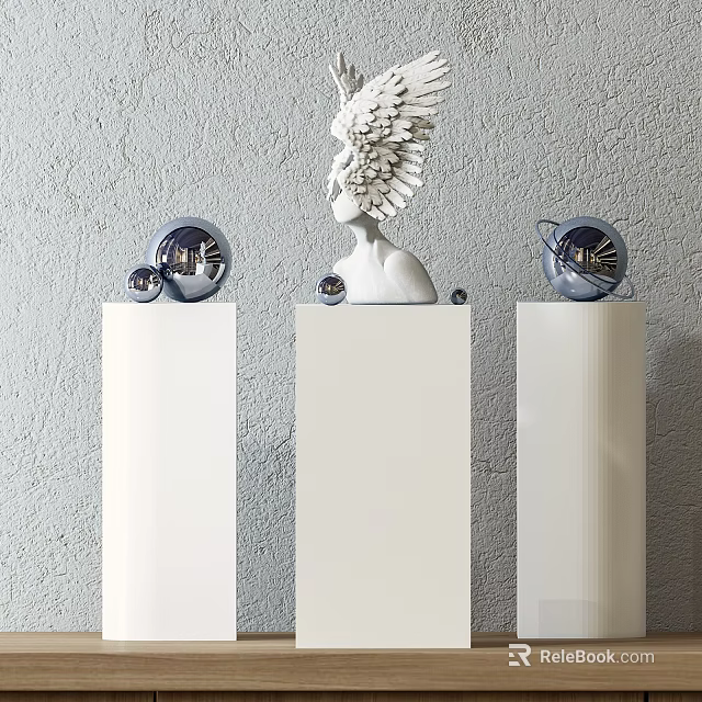 Decorative Ornament Set With White Pedestals Winged Head Sculpture And Blue Spherical Ornaments 3d model 