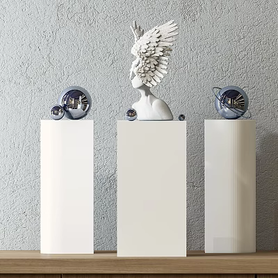 Decorative Ornament Set With White Pedestals Winged Head Sculpture And Blue Spherical Ornaments 3d model