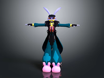 3D Character Model With Purple Ears Black Hat Yellow Glasses Blue Pants Pink Shoes 3d model
