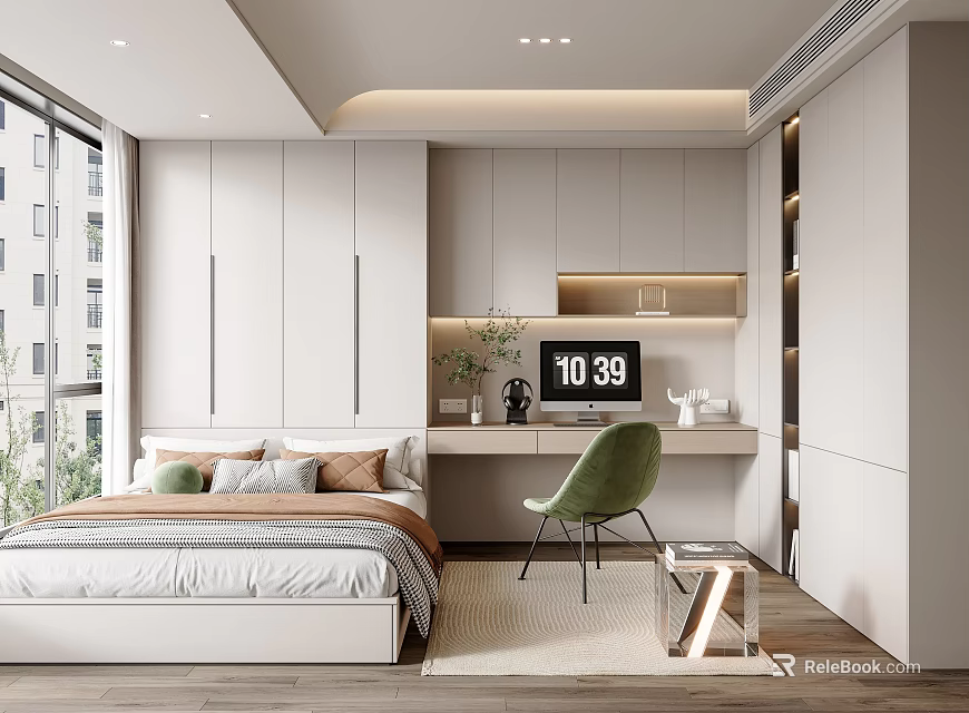 Modern Tatami Bedroom Interior Design With White Cabinets Desk Green Chair And Window 3d model 