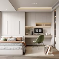 Modern Tatami Bedroom Interior Design With White Cabinets Desk Green Chair And Window