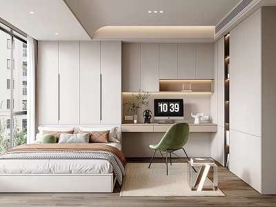 Modern Tatami Bedroom Interior Design With White Cabinets Desk Green Chair And Window 3d model