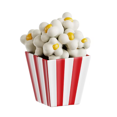 Freshly Popped White Popcorn With Yellow Kernels In Red And White Striped Cup 3d model