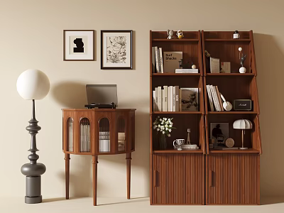 Wooden Bookcase With Books Decorations And Vase Near Lamp Framed Pictures And Cabinet With Laptop 3d model