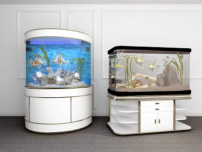 Round And Rectangular Fish Tanks With White And Black Stands Drawers Aquatic Plants And Fish 3d model