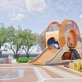 Colorful Children's Playground With Large Orange Spinning Structure And Lush Green Trees