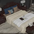 Traditional Wooden Double Bed With Carved Headboard Bedside Tables And Lamps Pillows