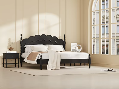 Black Curved Headboard Double Bed in Light Bedroom with Nightstands and Large Arched Window 3d model