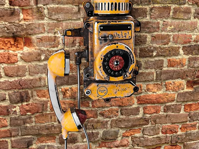 Classic Vintage Yellow Public Telephone Mounted on Red Brick Wall 3d model