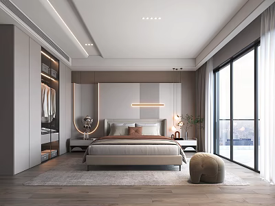 Modern Bedroom Interior With Large Bed Bedside Tables Floor to Ceiling Windows and Neutral Tones 3d model