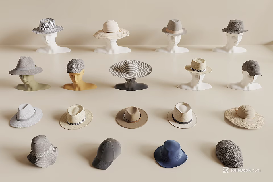 Various Stylish Hats in Different Colors Displayed on Mannequin Heads with Classic and Modern Designs 3d model 