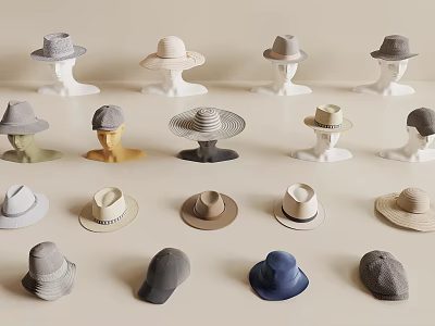 Various Stylish Hats in Different Colors Displayed on Mannequin Heads with Classic and Modern Designs 3d model
