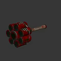 Weapon Hammer With Multiple Red Barrel Shaped Heads And Worn Wooden Handle
