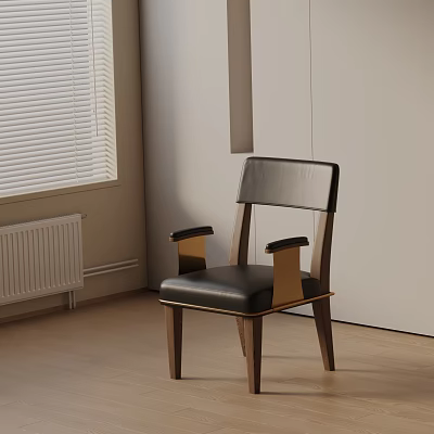 Modern Dining Chair With Black Leather Seat Backrest Gold Armrests And Wooden Frame 3d model