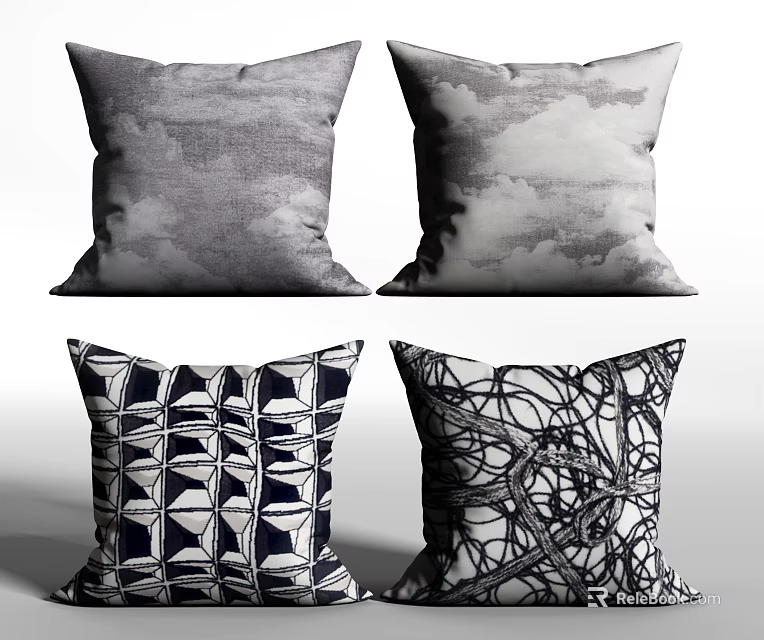 Decorative Throw Pillows with Cloud and Geometric Patterns in Gray Black White Tones 3d model