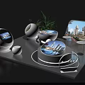 Modern Display Shelves With White Spherical Decor Green Plants And Circular Show Platforms