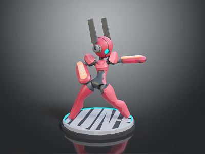Pink Robot Game Character With Antenna Ears Blue Eyes And Orange Parts On Line Base 3d model