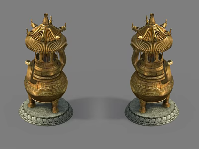 Pair of Traditional Golden Decorative Ornament Set with Pagoda Style Top and Carved Base 3d model