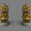 Pair of Traditional Golden Decorative Ornament Set with Pagoda Style Top and Carved Base
