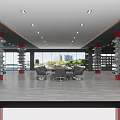 Modern Retail Store Interior With Shelves Black Chairs Gray Wooden Floor And Ceiling Lights