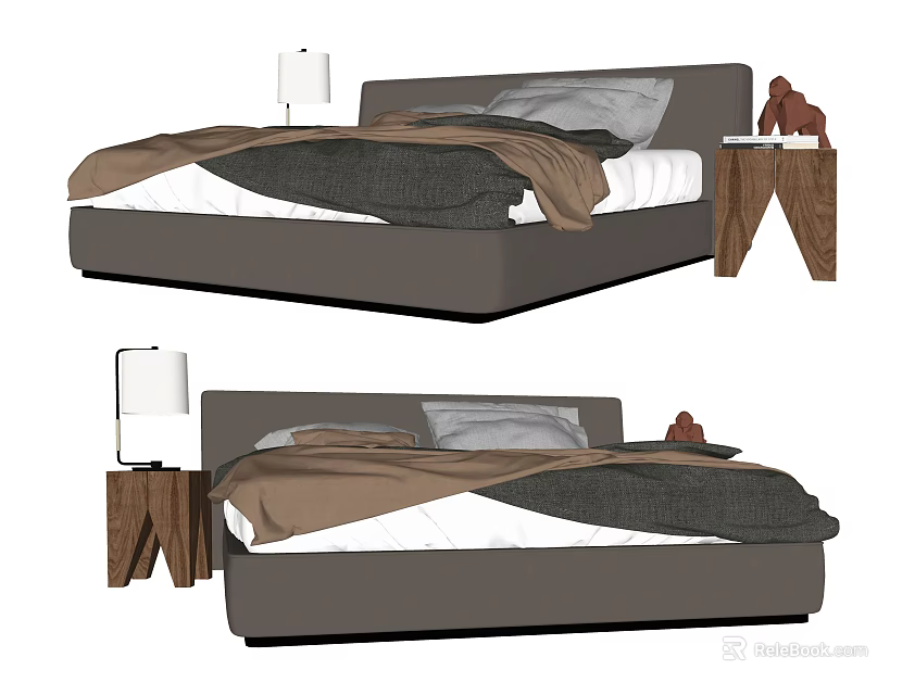 Modern Double Bed Design With Wooden Nightstand Table Lamp And Bedding 3d model