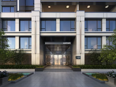 Modern Building Main Entrance Gate With Glass Doors Landscaping And Illuminated Design 3d model