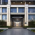 Modern Building Main Entrance Gate With Glass Doors Landscaping And Illuminated Design