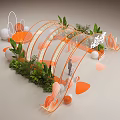 Decorative Arch With Orange Wave Structures Green Plants White Spherical Decorations And Theme Text