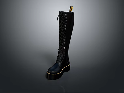 Black Leather Knee High Lace Up Boots With Yellow Stitching And Heel Tab 3d model