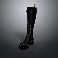 Black Leather Knee High Lace Up Boots With Yellow Stitching And Heel Tab