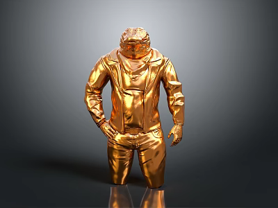 Golden Animal Statue In Standing Pose Wearing Jacket And Pants On Gray Background 3d model