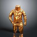 Golden Animal Statue In Standing Pose Wearing Jacket And Pants On Gray Background