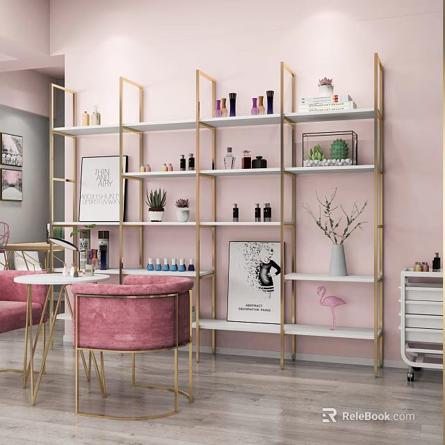 Beauty Salon Interior Design With Pink Chairs White Gold Shelves Green Plants And Beauty Products 3d model 