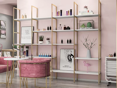 Beauty Salon Interior Design With Pink Chairs White Gold Shelves Green Plants And Beauty Products 3d model