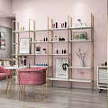 Beauty Salon Interior Design With Pink Chairs White Gold Shelves Green Plants And Beauty Products