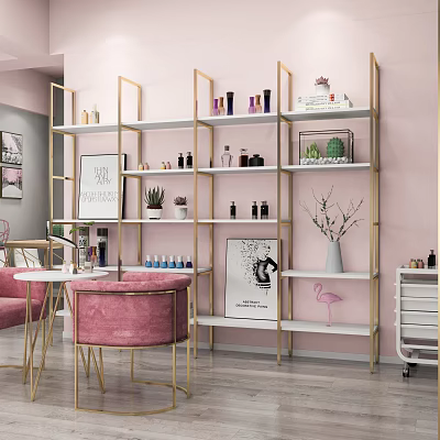 Beauty Salon Interior Design With Pink Chairs White Gold Shelves Green Plants And Beauty Products 3d model