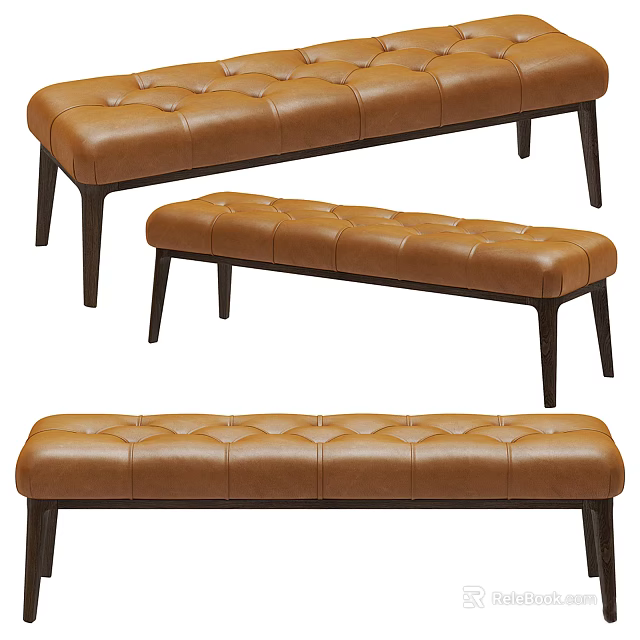 Tufted Leather Bench With Wooden Legs In Various Sizes And Styles 3d model 
