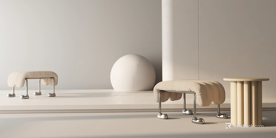 Modern Beige Upholstered Sofa Stool With Metal Legs And Minimalist Interior Decor 3d model 
