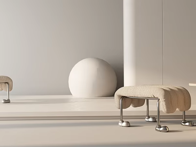 Modern Beige Upholstered Sofa Stool With Metal Legs And Minimalist Interior Decor 3d model