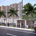 Urban Roadside Facilities With Pedestrian Walkway Palm Trees And Seating Areas