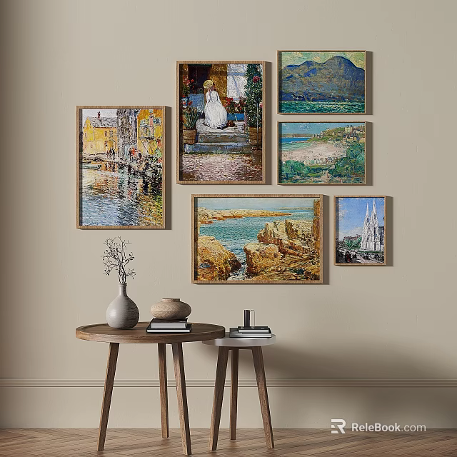 Wall Art Display With Various Landscape Figure Paintings Wooden Table Vase And Books 3d model 
