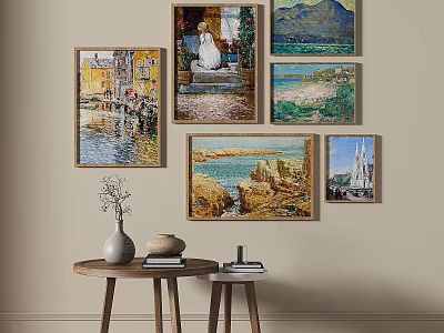 Wall Art Display With Various Landscape Figure Paintings Wooden Table Vase And Books 3d model