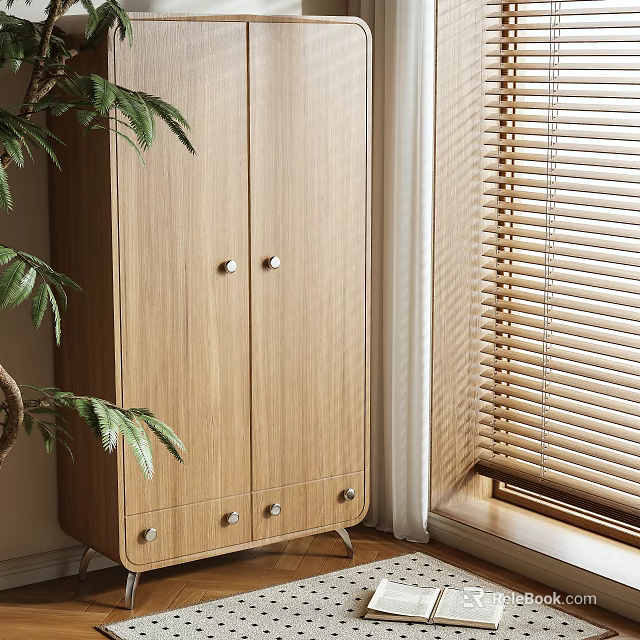 Wooden Two Door Wardrobe With Drawers At Bottom Near Window With Blinds And Plant 3d model 