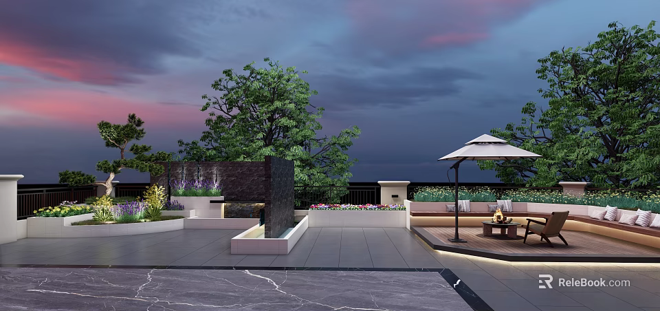 Evening Rooftop Garden Landscape With Water Feature Wall Green Plants And Outdoor Seating Area 3d model 