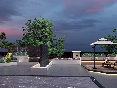 Evening Rooftop Garden Landscape With Water Feature Wall Green Plants And Outdoor Seating Area 3d model