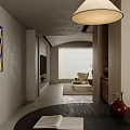Minimalist Living Room Design With Brown Sofa Stone Coffee Table Flat TV And Window Blinds