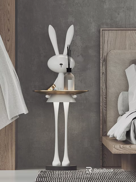 White Rabbit Shaped Side Cabinet with Gold Tray Fragrance Bottle Decorative Items and Gray Wall 3d model 